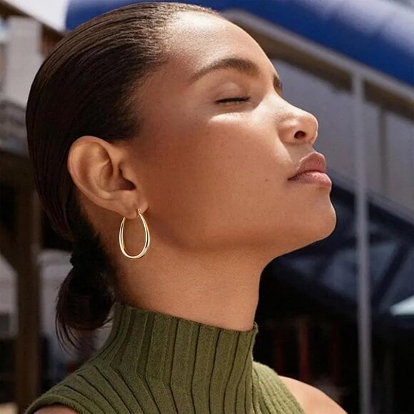 Gold Chunky Hoop Earrings for Women, 14K Gold Plated Oval Hoop Earrings with 925 - Picture 2 of 8